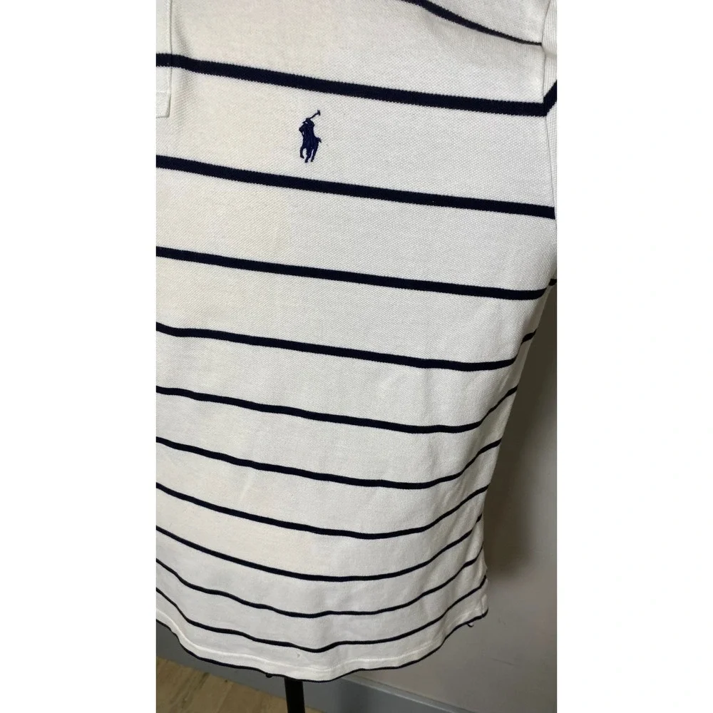 Polo Ralph Lauren Mens XL Classic Fit Striped Pique Polo Shirt White Navy Blue